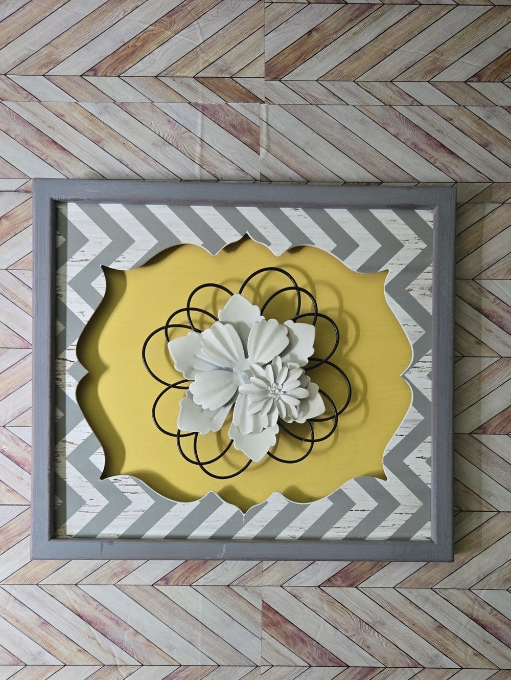 3D Metal Flower Framed Wall Art Yellow Chevron Gray Wood Multi Texture Decor